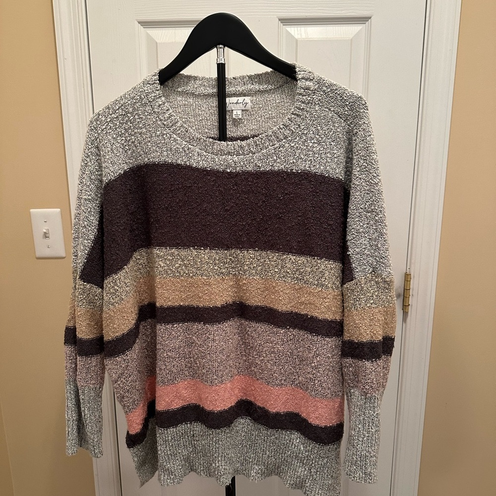 Wonderly Striped Sweater - Gray, Pink, Brown, and Tan - Size L